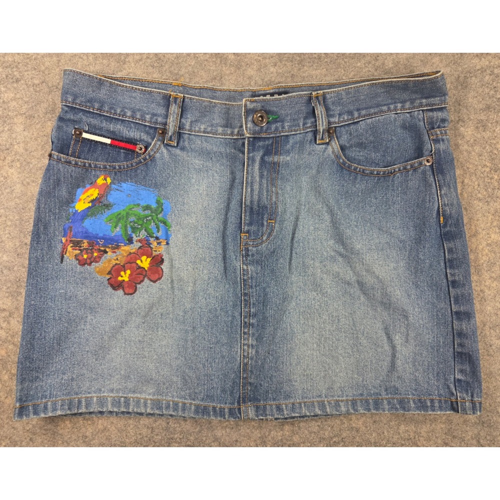 Tommy Jeans Denim Mini Skirt Size 11 Tropical Parrot Custom Art Hand Painted